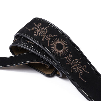 AMUMU Embroidered Totem Guitar Strap Black Premium Suede Leather -LE01E-BK
